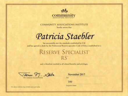 Patricia Staebler's Reserve Specialist Certificate From CAI